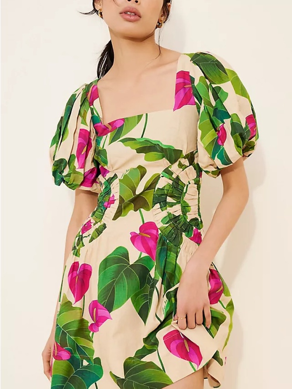 FARM Rio Anthurium Leaves Sand Puff Sleeve Ruched Mini Dress Size M Wear Noted